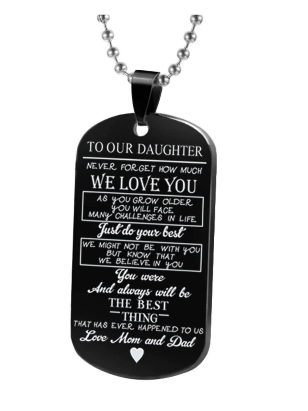 To Our Daughter Love Mom Dad Appreciation Black Engraved Dog Tag Necklace